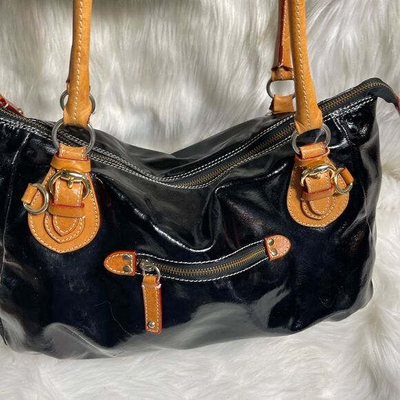 Cavalcanti made in Italy patent leather black shoulder bag tan leather trims - Picture 2 of 14